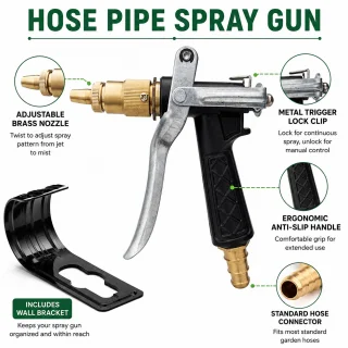 Earth power Garden Hose Pipe Spray Gun with Wall Mount Holder | Adjustable Brass Nozzle Water Sprayer | Metal Trigger & Ergonomic Grip for Car Washing, Gardening, Floor Cleaning and Pet Bathing
